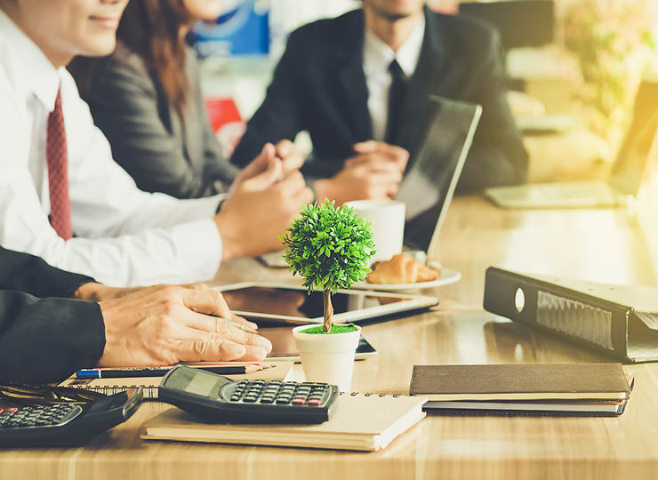 Business travel CO2 calculations - hands working at desktop with plant